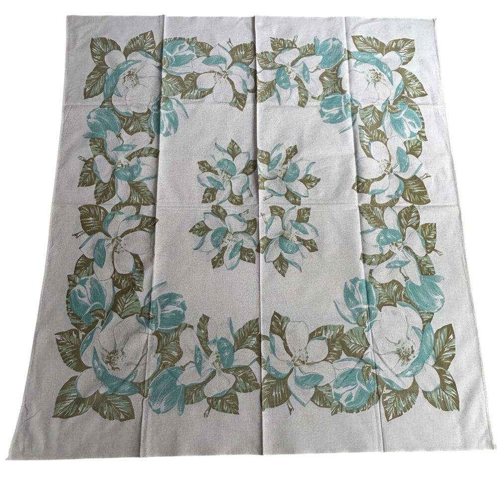 Vintage mid century tablecloth printed cotton teal & sage green border print